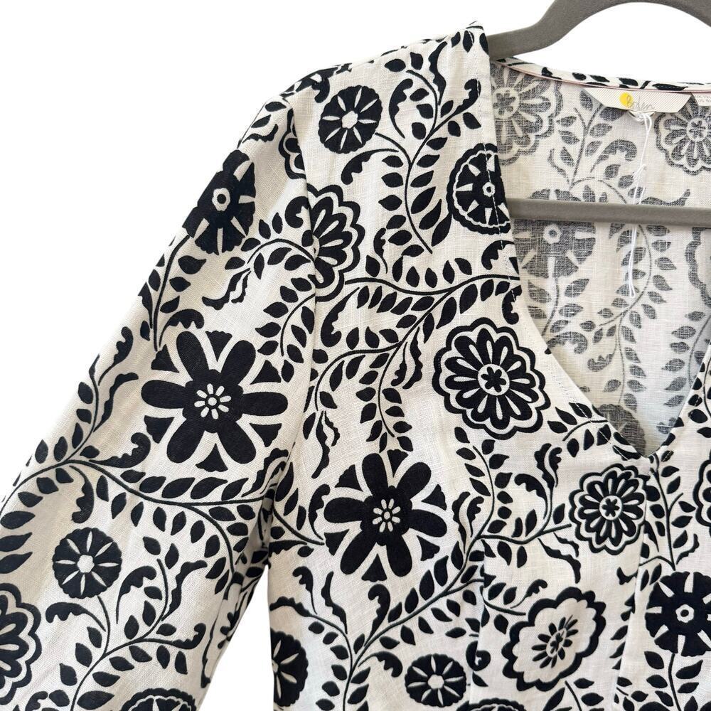 NWOT Boden 100% Linen V-Neck Flippy Dress Black White Floral Size 8L - Picture 7 of 11